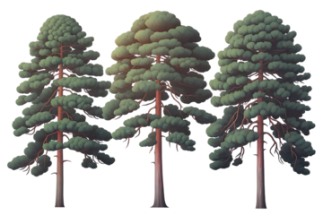 Three stylized tall pine trees, with green foliage and reddish trunks, cutout, PNG isolated on white or transparent background
