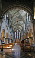 Fototapeta premium Magnificent Interior View of the Medieval Nave and Tudor Painted Ceiling in St Mary and St Blaise Church, Boxgrove Priory, West Sussex
