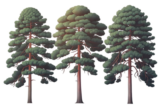 Three stylized tall pine trees, with green foliage and reddish trunks, cutout, PNG isolated on white or transparent background