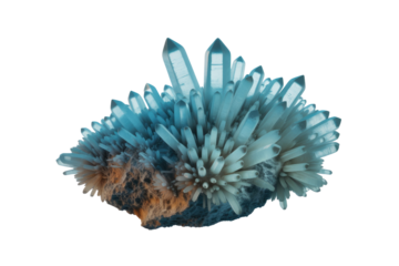 A beautiful cluster of vibrant blue-green quartz crystals grows from a dark, earthy matrix with intriguing orange accents, showcasing natural geological artistry. background removed