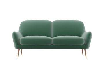 A modern, minimalist two-seater sofa in a muted teal color, featuring a sleek design with visible wooden tapered legs, isolated. background removed