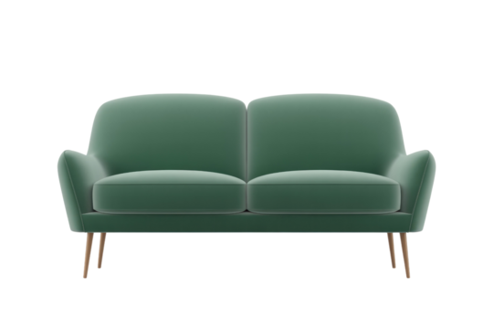 A modern, minimalist two-seater sofa in a muted teal color, featuring a sleek design with visible wooden tapered legs, isolated. background removed