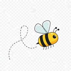 Cute cartoon bee flying with dotted trail on transparent background.
