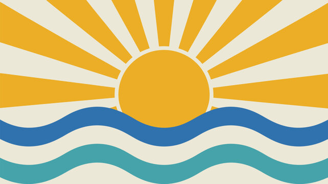 Illustration of a yellow sun with rays over stylized blue waves against a beige background