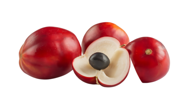 Four vibrant red fruits, with a single cut open revealing a dark seed and white flesh, cutout, PNG isolated on white or transparent background