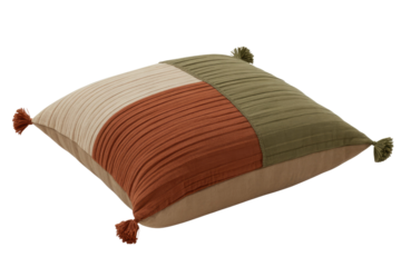 A stylish square decorative pillow featuring pleated beige, burnt orange, and olive green color blocks with tassels on a transparent background. background removed