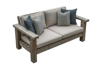 Rustic wooden outdoor sofa with light cushions and blue, striped throw pillows, ideal for patio or garden relaxation. background removed
