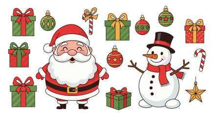 Festive Christmas icons set featuring Santa Claus and snowman
