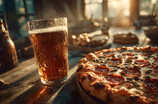Glass of beer beside a pizza on the dining table