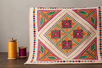 Geometric Kantha – Handcrafted Bengali Embroidery Quilt with Modern Patterns and Traditional Craft