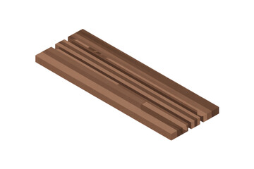 Isometric view of a brown wooden slatted structure or paneling, ideal for decking or wall cladding, presented against a solid transparent background. background removed