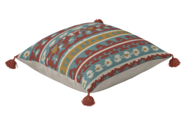 A decorative square throw pillow with a vibrant, intricate Kilim-style pattern in red, teal, yellow, and white, featuring corner tassels. background removed