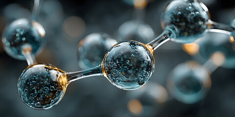 Hyaluronic acid molecules, 3D molecular chemical structure formula, abstract glass spheres. Hydration concept, anti-aging skincare, collagen, beauty. Cosmetic ingredients, biotechnology, dermatology