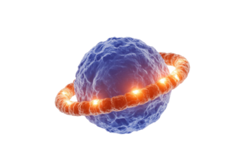 A microscopic blue cell-like particle with a glowing orange energy ring encircling it, depicting molecular interaction or a targeted therapeutic agent. background removed
