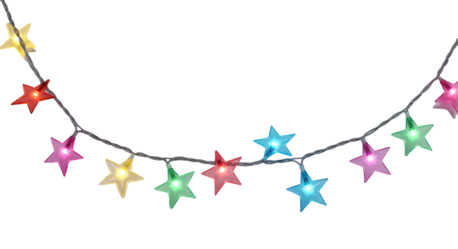 Vibrant star-shaped light bulbs in red, pink, yellow, green, orange, blue, purple, connected by black wire, arranged in a gentle wave on a transparent background with copy space. Holiday celebration
