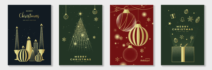 Plakat Elegant Christmas card vector pack with gold ornaments, Christmas trees and holiday greetings, suitable for greeting cards, invitations, posters and luxury packaging