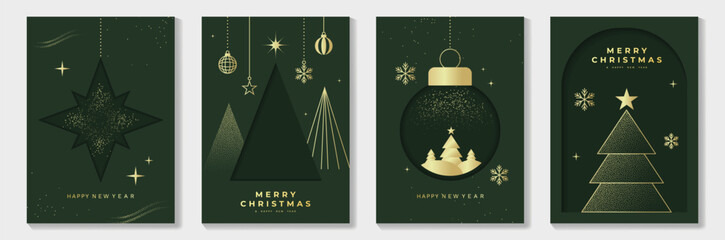 Modern green Christmas card vector set with minimalist gold stars, baubles and festive elements, perfect for contemporary greeting cards, event posters and seasonal wall art