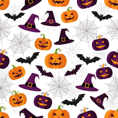 Halloween Pattern of Pumpkins Bats and Witch Hats on White Background