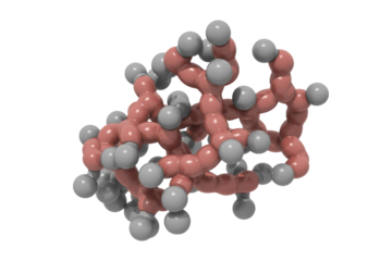 A complex 3D molecular model featuring interconnected pink bonds and numerous grey spherical atoms, representing a scientific structure or polymer. background removed