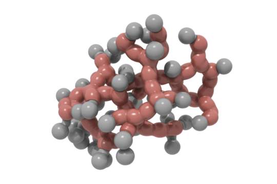 A complex 3D molecular model featuring interconnected pink bonds and numerous grey spherical atoms, representing a scientific structure or polymer. background removed