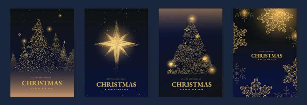 Luxury Christmas greeting card vector pack with golden glitter tree, festive ornaments and star lights, great for greeting cards, posters, invitations and luxury branding