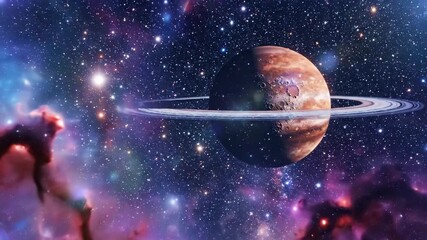 Majestic ringed planet orbits through vibrant cosmic nebula filled with distant stars and glowing - Powered by Adobe