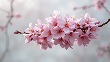 Obraz premium Cherry blossom tree in full bloom on white background, delicate pink flowers