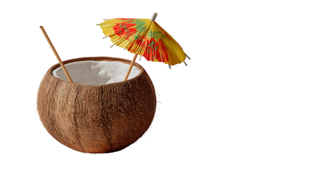 A coconut shell with a straw and a colorful umbrella on a white surface casting a shadow