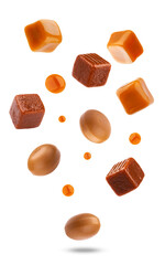 dynamic photograph capturing various glossy caramel candies, including textured cubes and smooth drops, falling or floating mid-air against a deep transparent background, showcasing rich color.