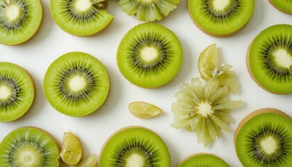 Fototapeta premium Kiwi fruit sliced and arranged neatly on white background, bright studio light