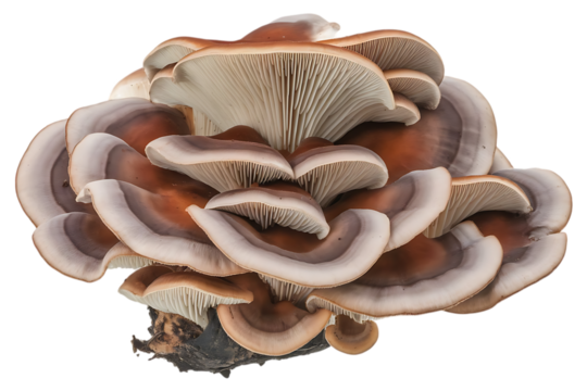 Cluster of brown and white oyster mushrooms, with visible gills, cutout, PNG isolated on white or transparent background image