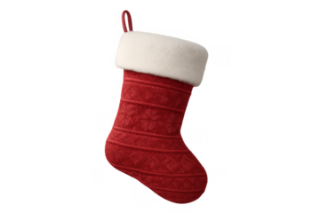 Red knit christmas stocking with white faux fur cuff, hanging empty and ready for holiday presents. Transparent background