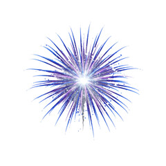 Naklejka premium Vibrant, stylized firework explosion with glowing silver core, blue and violet light, glittering particles on transparent with copy space, festive celebration concept