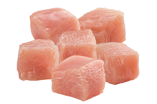 freshly cut raw turkey breast or chicken fillet diced into perfect cubes, ready for cooking, isolated clearly on a stark transparent background.