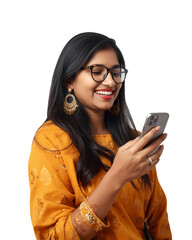 Woman using smartphone mobile app for online shopping social media india on transparent background