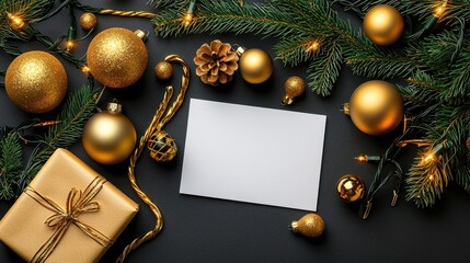 Elegant Christmas Decorations with Blank Card and Gift Box Arrangement