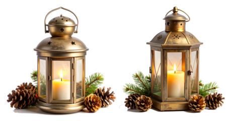 Vintage brass lanterns with glowing candles, pinecones, and evergreen branches creating a warm festive ambiance.