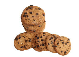 photograph capturing a messy arrangement of classic chocolate chip cookies, featuring a stack and several scattered pieces on a transparent background.
