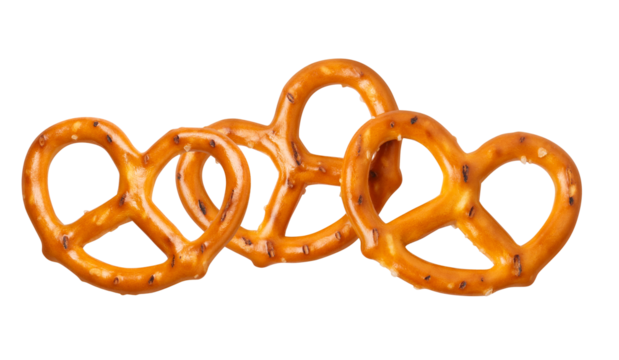 photograph of three crunchy, salted lye pretzels isolated against a solid transparent background, showcasing the traditional german snack food.