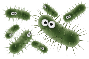Cute cartoon green bacteria with googly eyes and spiky surfaces float together, one large in the foreground, against a solid background. background removed