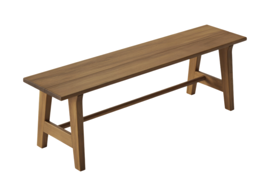 A minimalist long wooden bench with sturdy legs and a sleek design, perfect for indoor or outdoor seating, isolated on a transparent background. background removed