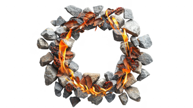 Ring of rocks with fire inside on transparent background