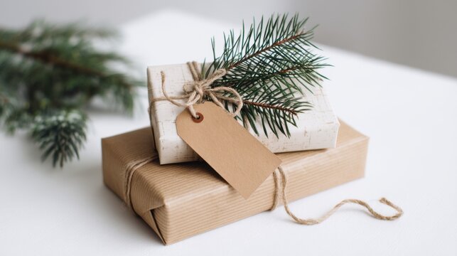 Eco friendly Christmas gifts wrapped in kraft paper with pine branch