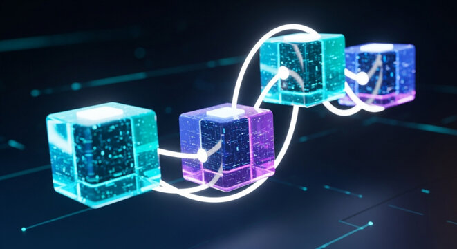 Three interconnected glowing cubes floating in a dark space, representing blockchain technology and data transfer modern technology