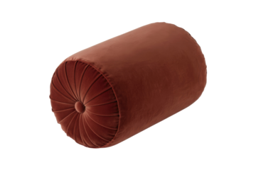 A luxurious velvet bolster pillow in a rich terracotta hue, featuring elegant tufted pleats on its ends, perfect for sophisticated home decor. background removed