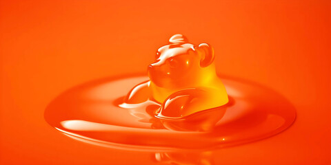 A melting gummy bear dipped in a pool of bright orange syrup