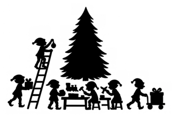 Christmas elves working in santa's workshop, making and preparing presents, decorating tree, transparent background