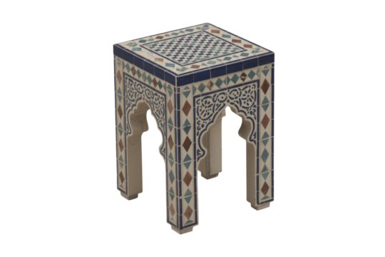 An ornate square Moroccan zellige mosaic side table or plant stand. Features intricate blue, brown, and cream geometric and floral tile patterns with arched legs. background removed