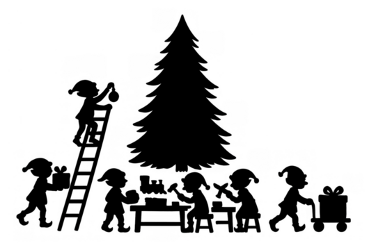 Christmas elves working in santa's workshop, making and preparing presents, decorating tree, transparent background