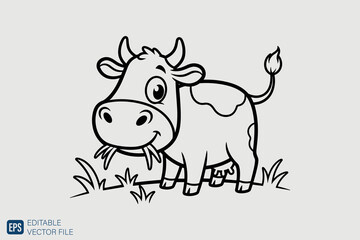 Cute Cartoon Cow Grazing in a Field Line Art.